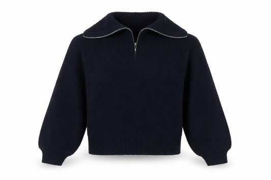 Front view of French Connection Women’s Blue M Rib Knit 1/4 Zip High Neck Jumper