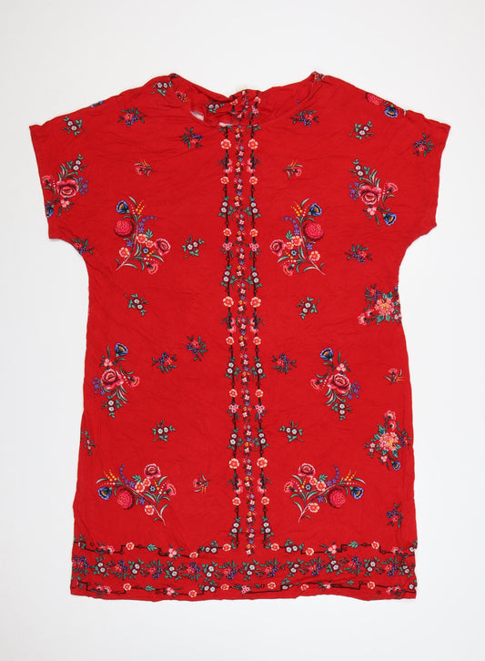 Monsoon Women Red Floral V-Neck Shift Dress UK 20 Bohemian