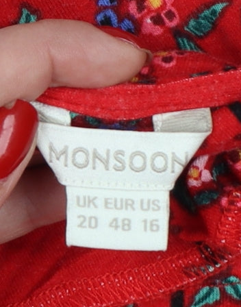 Monsoon Women Red Floral V-Neck Shift Dress UK 20 Bohemian