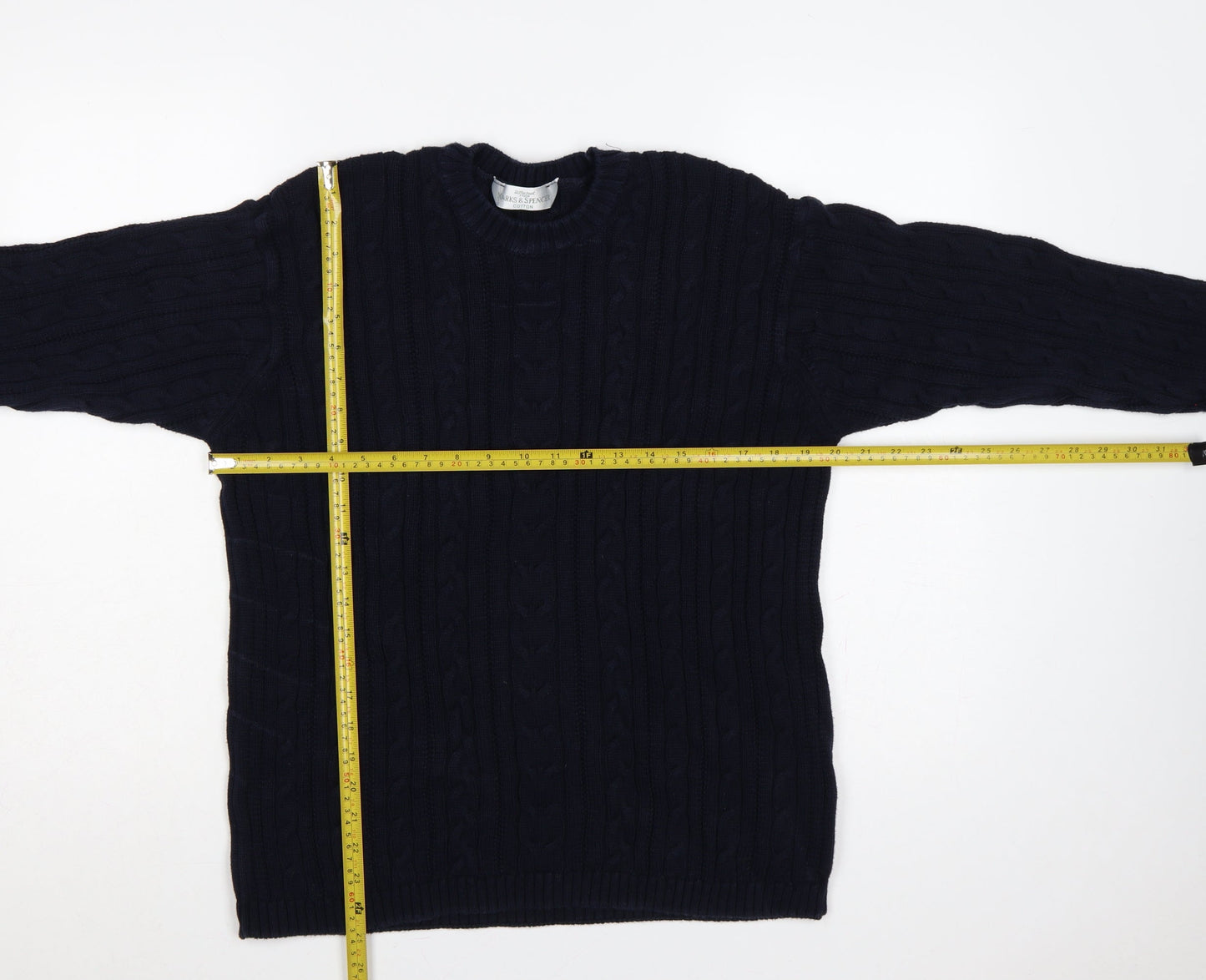 Vintage Marks & Spencer Women Navy UK 14 Cable-Knit Cotton Jumper