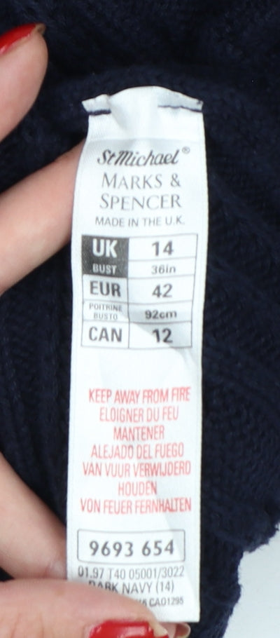Vintage Marks & Spencer Women Navy UK 14 Cable-Knit Cotton Jumper