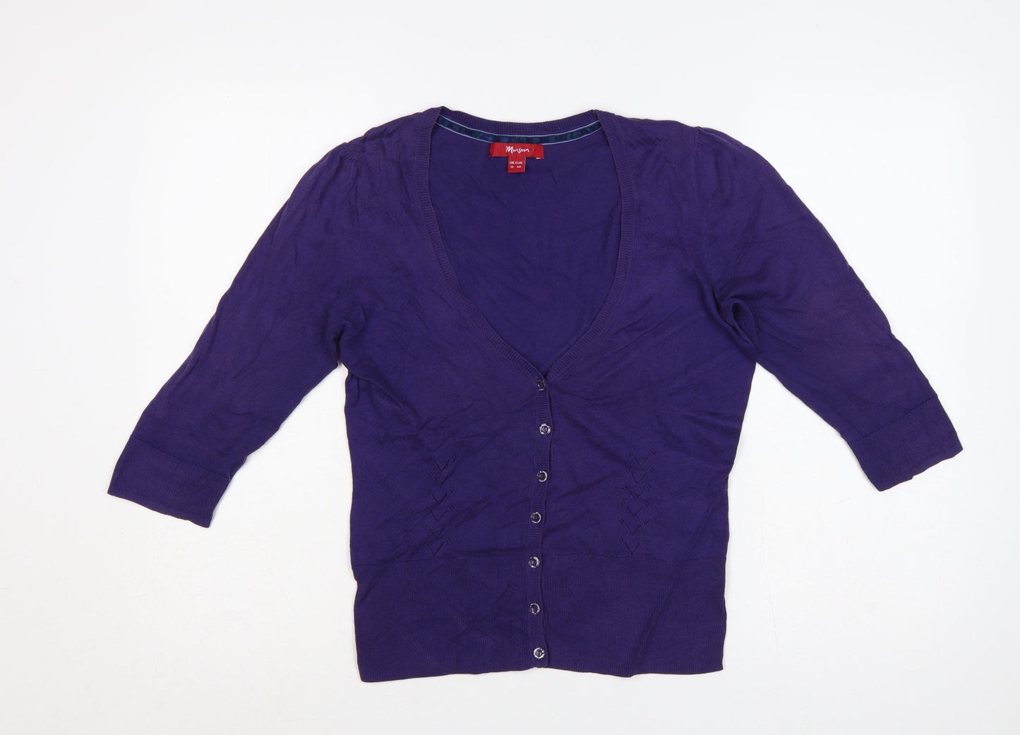 Monsoon Women Purple UK 12 V-Neck 3/4 Sleeve Cotton Button Cardigan