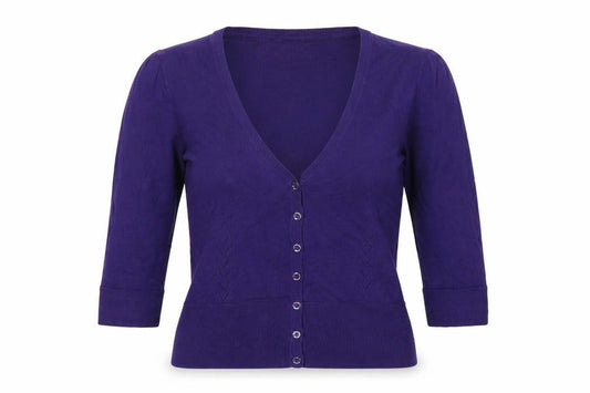 Monsoon Women Purple UK 12 V-Neck 3/4 Sleeve Cotton Button Cardigan