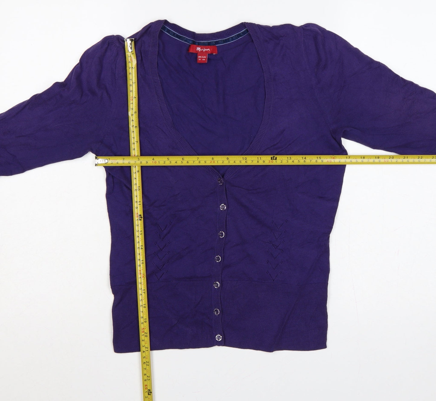 Monsoon Women Purple UK 12 V-Neck 3/4 Sleeve Cotton Button Cardigan