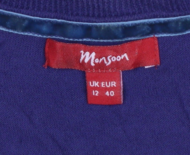 Monsoon Women Purple UK 12 V-Neck 3/4 Sleeve Cotton Button Cardigan