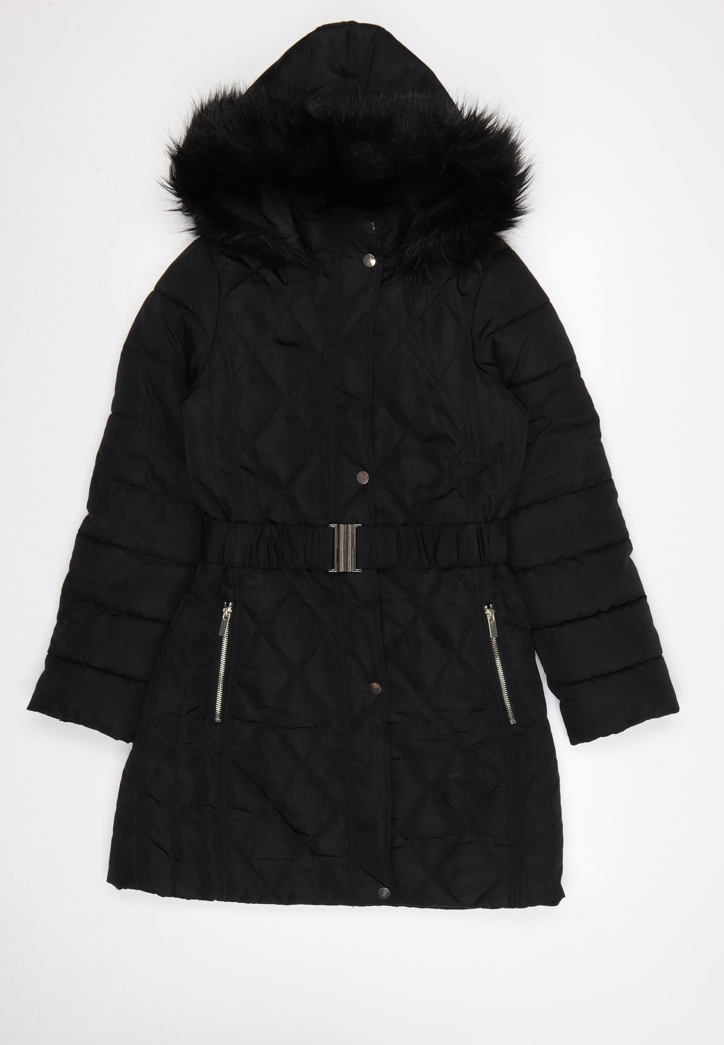 Dorothy Perkins Women Black UK 10 Quilted Belted Faux Fur Hood Puffer Coat