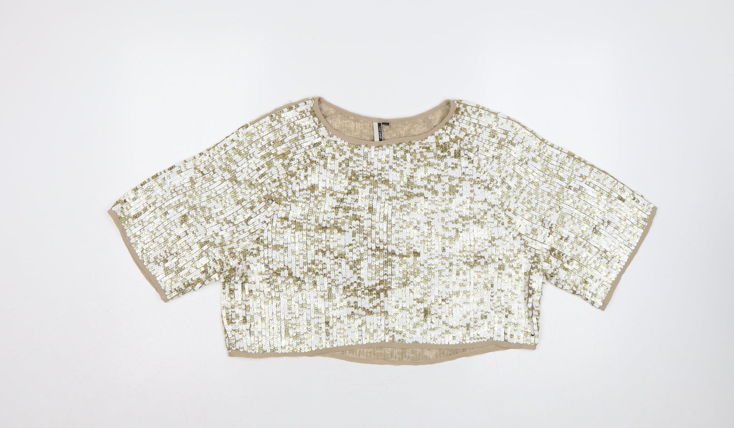 Topshop Women Gold Sequin Cropped Short Sleeve Party Top UK 8