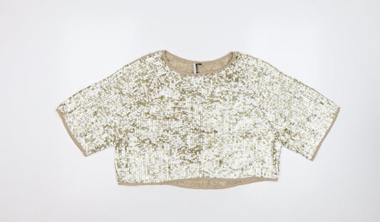 Topshop Women Gold Sequin Cropped Short Sleeve Party Top UK 8