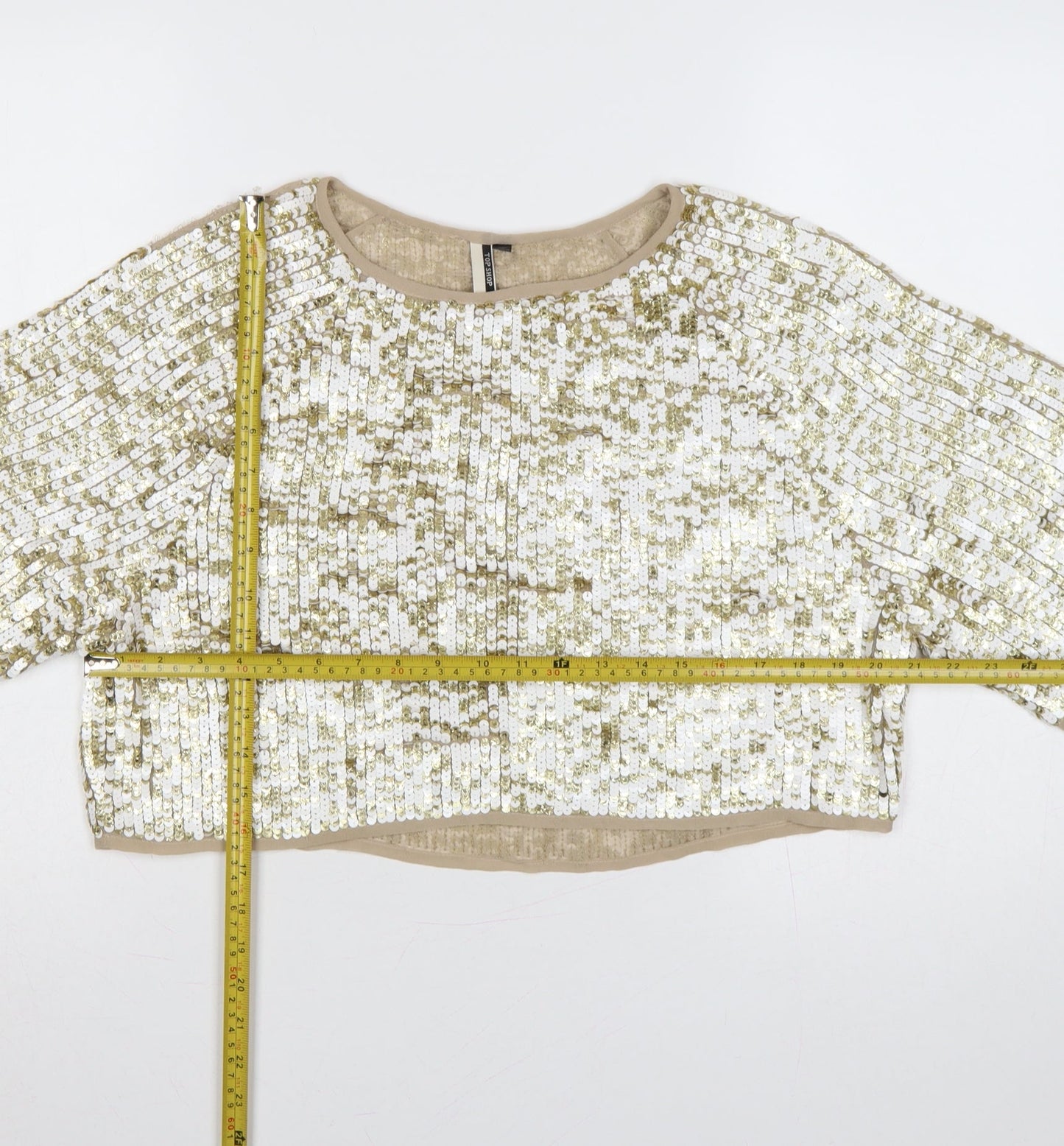 Topshop Women Gold Sequin Cropped Short Sleeve Party Top UK 8