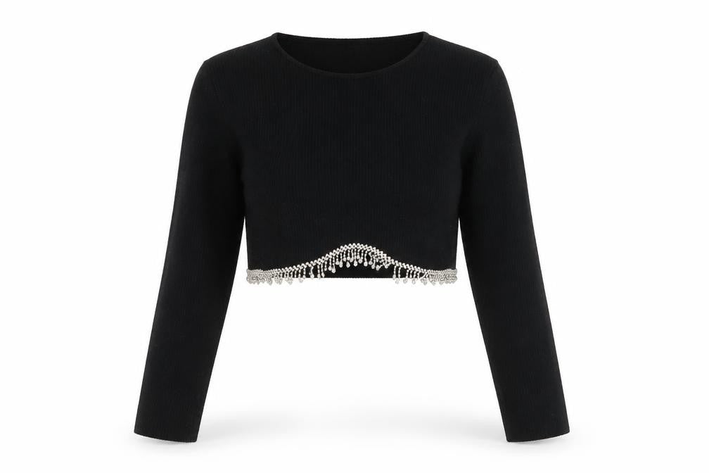 Zara Women Black S Cropped Knit Jumper Silver Beaded Hem Long Sleeve