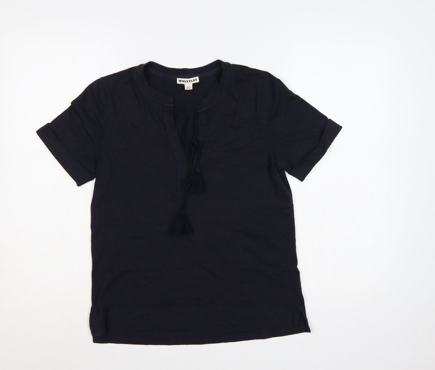 Whistles Women Black UK 8 Cotton Tassel Tie Tunic Blouse Short Sleeve