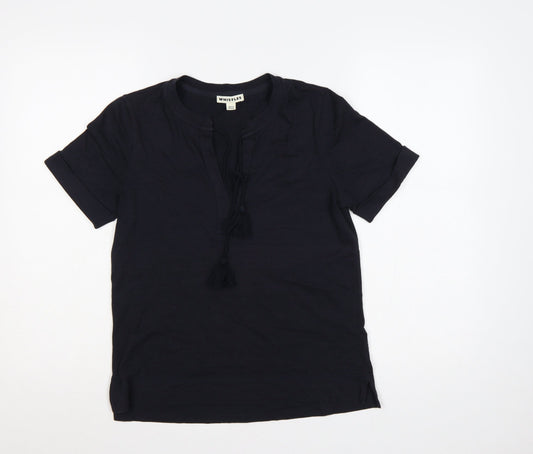 Whistles Women Black UK 8 Cotton Tassel Tie Tunic Blouse Short Sleeve