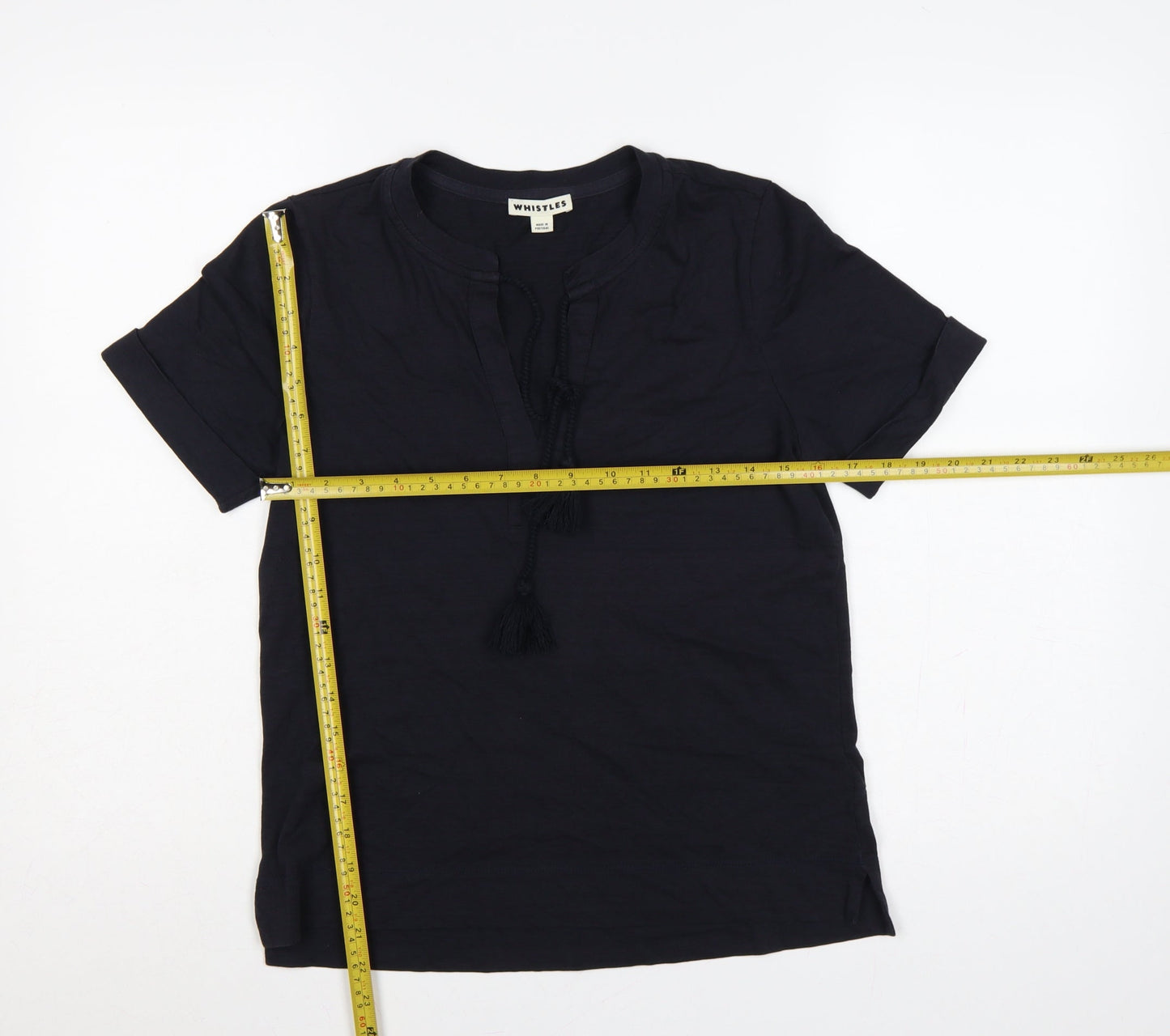 Whistles Women Black UK 8 Cotton Tassel Tie Tunic Blouse Short Sleeve