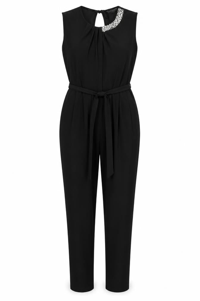 Front view of Dorothy Perkins Women Black UK 14 Rhinestone Belted Jumpsuit