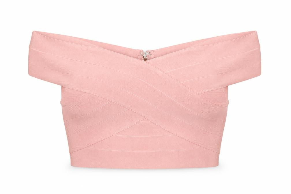 Front view of Missguided Women Pink UK 6 Cropped Off Shoulder Bandage Blouse Zip