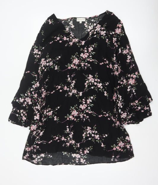 Apricot Women Black Floral UK 14 Fit & Flare V-Neck Bell Sleeve Dress