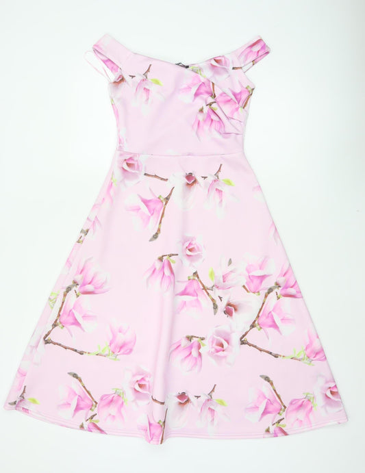 Quiz Women’s Pink Floral Fit & Flare Knee Length Dress UK 8