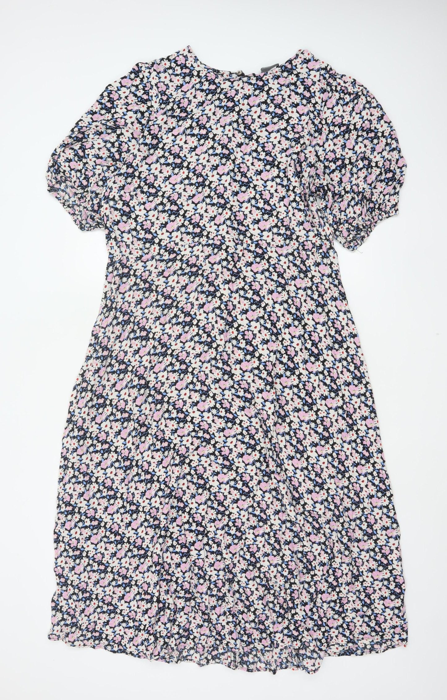 Marks & Spencer Women Black Floral UK 22 Midi Fit & Flare Puff Sleeve Dress