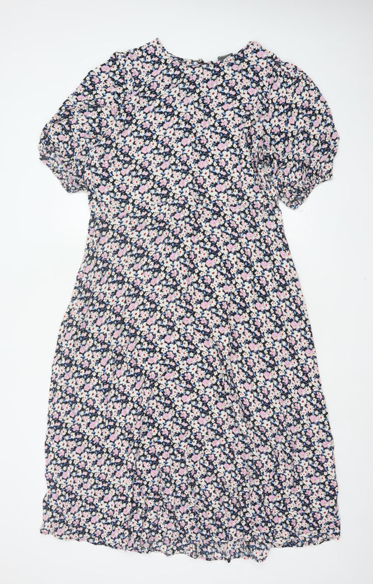 Marks & Spencer Women Black Floral UK 22 Midi Fit & Flare Puff Sleeve Dress