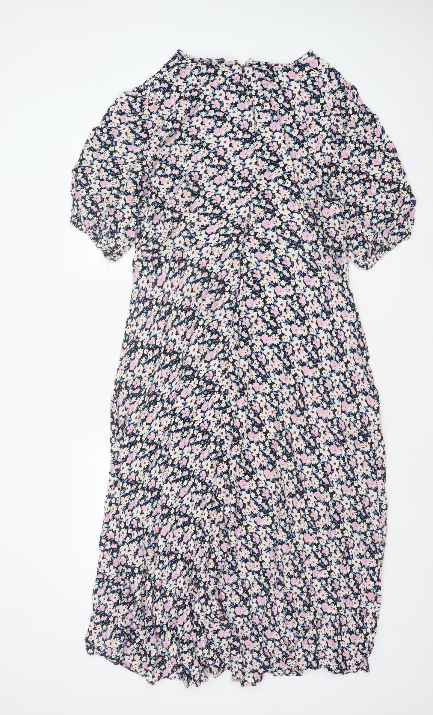 Marks & Spencer Women Black Floral UK 22 Midi Fit & Flare Puff Sleeve Dress
