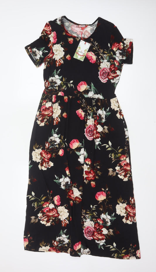 Joe Browns Women Black Floral Fit & Flare Long Dress UK 10 NWT