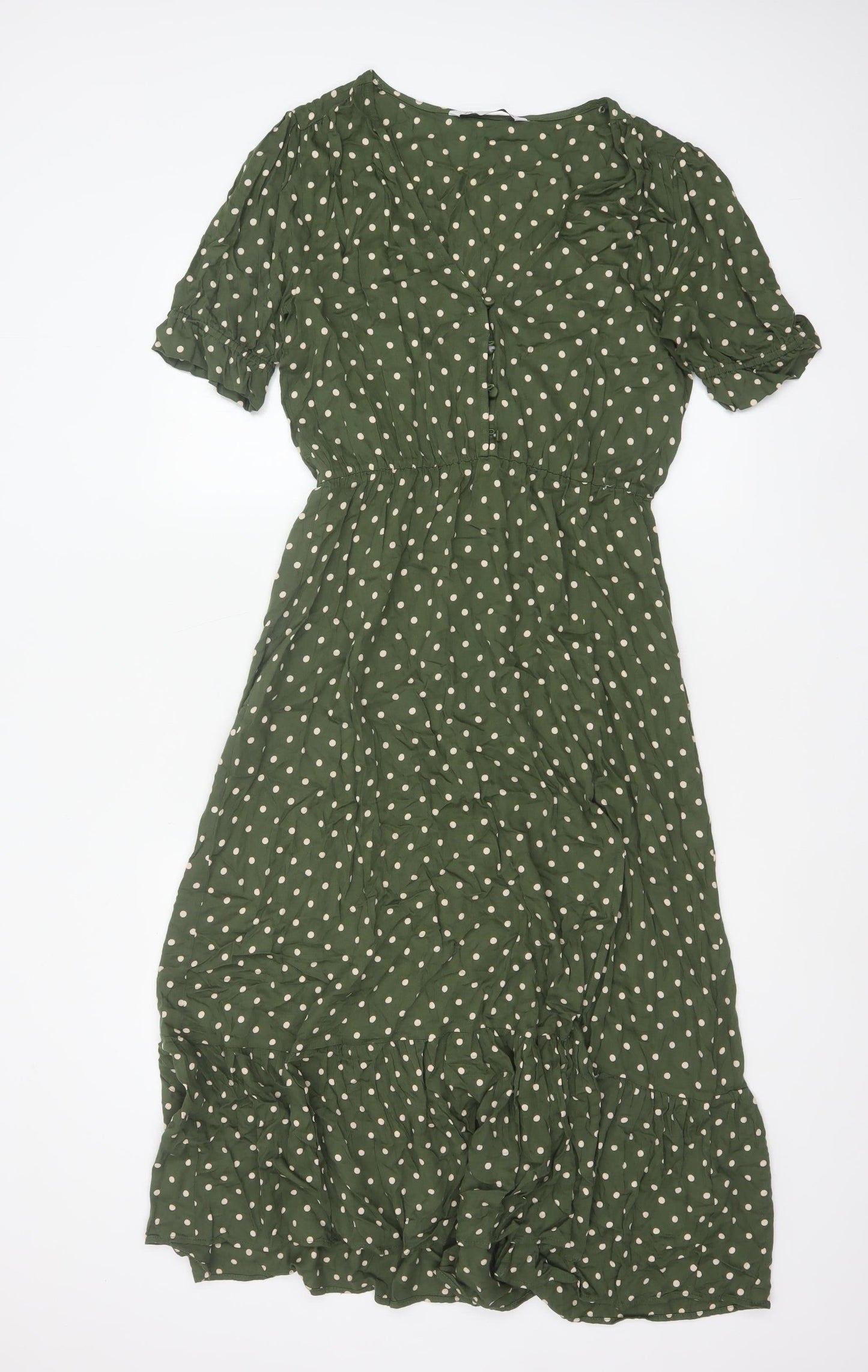 Zara Women Green Polka Dot M Long Fit & Flare Puff Sleeve Dress