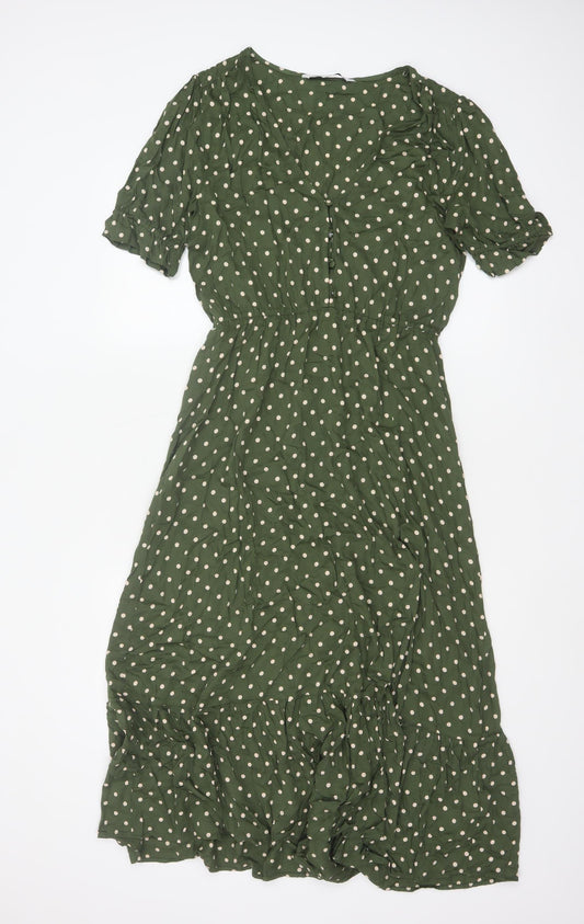 Zara Women Green Polka Dot M Long Fit & Flare Puff Sleeve Dress