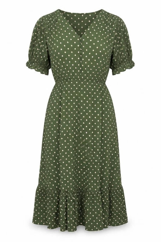 Zara Women Green Polka Dot M Long Fit & Flare Puff Sleeve Dress