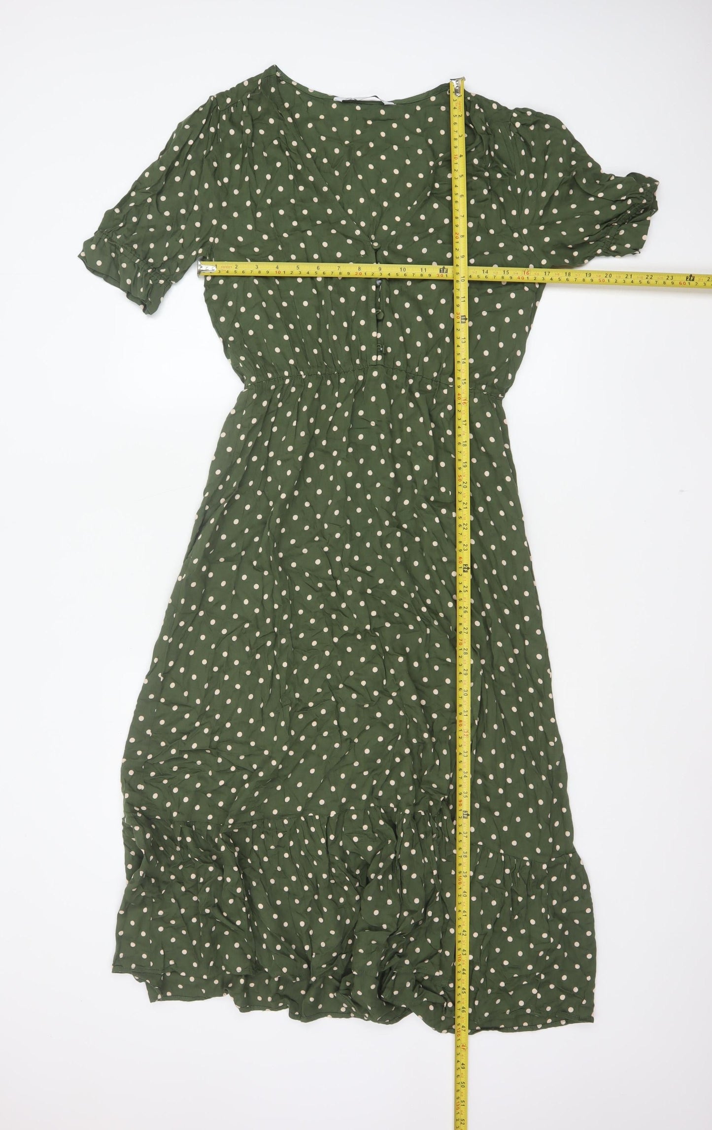 Zara Women Green Polka Dot M Long Fit & Flare Puff Sleeve Dress