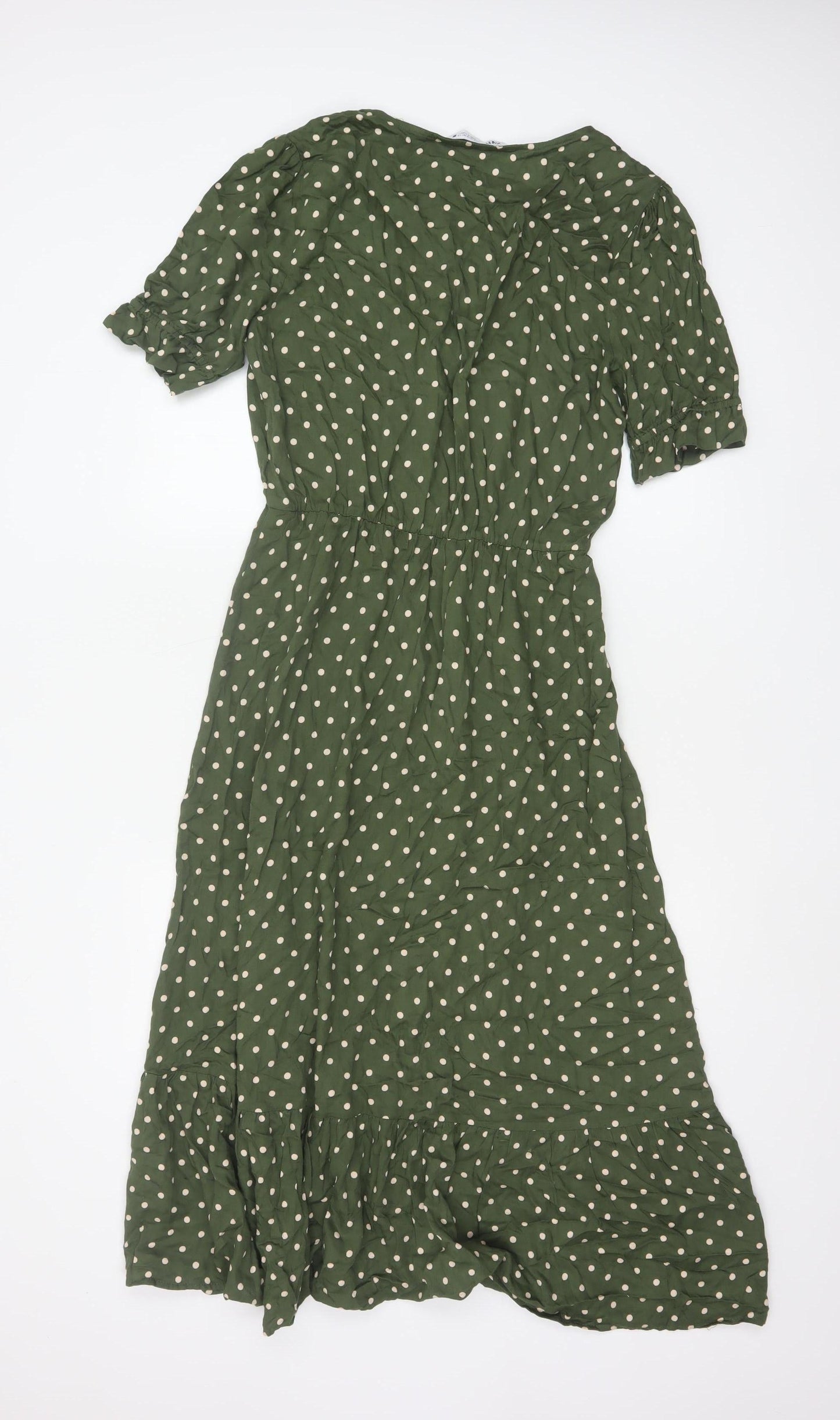 Zara Women Green Polka Dot M Long Fit & Flare Puff Sleeve Dress