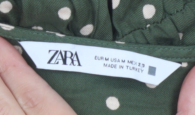 Zara Women Green Polka Dot M Long Fit & Flare Puff Sleeve Dress