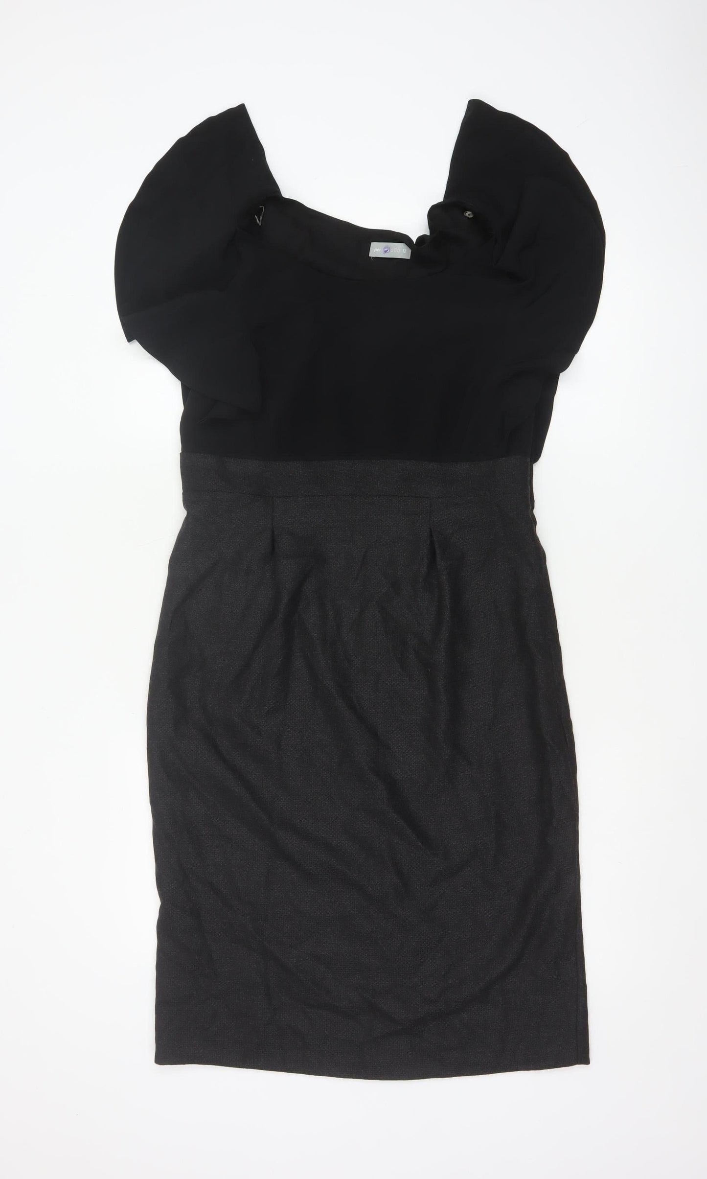Per Una Women Black & Grey UK 12 Pencil Dress Puff Sleeve Workwear