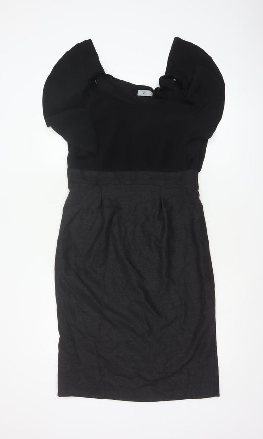 Per Una Women Black & Grey UK 12 Pencil Dress Puff Sleeve Workwear