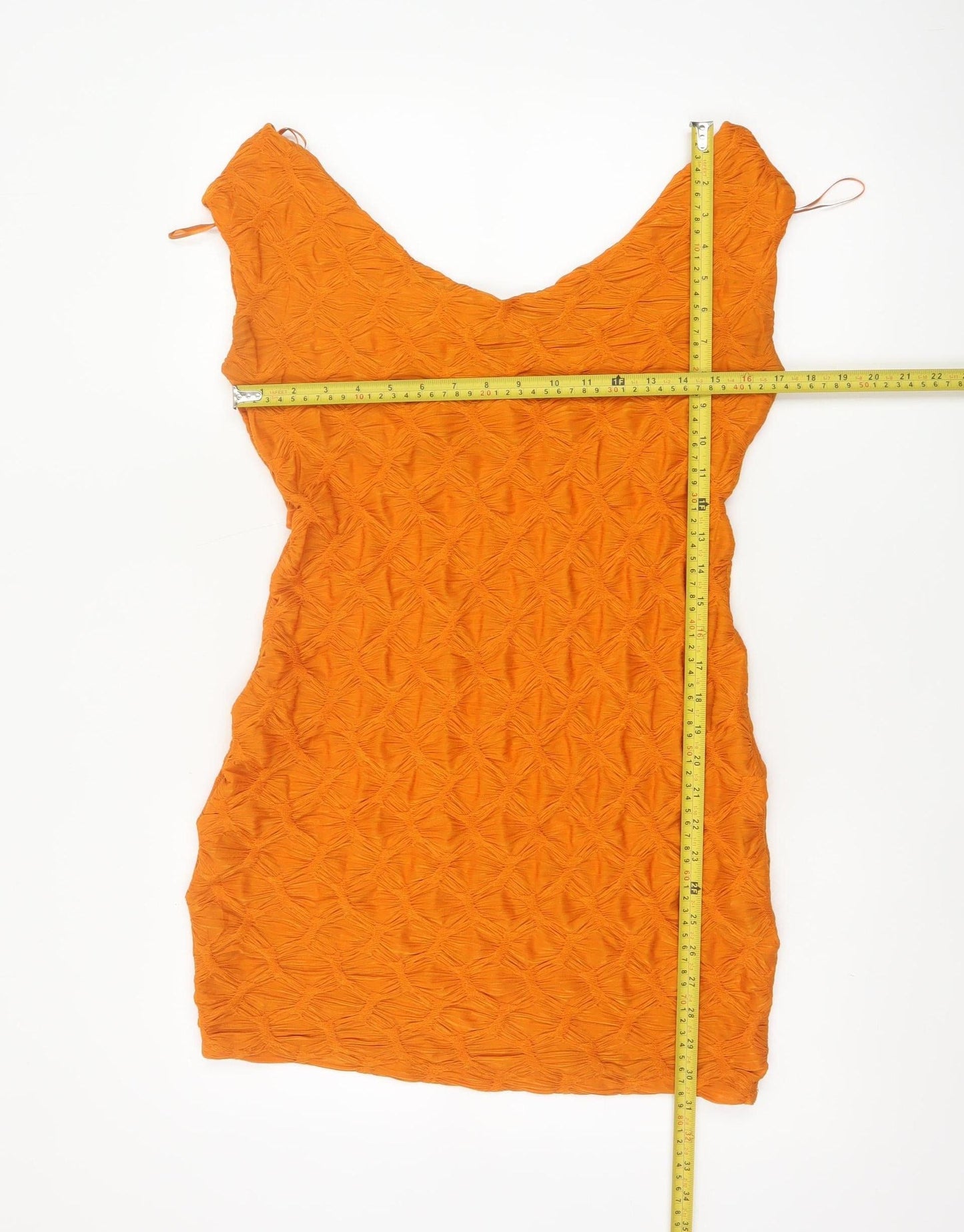 Zara Women Orange L Bodycon Mini V-Neck Textured Stretch Dress