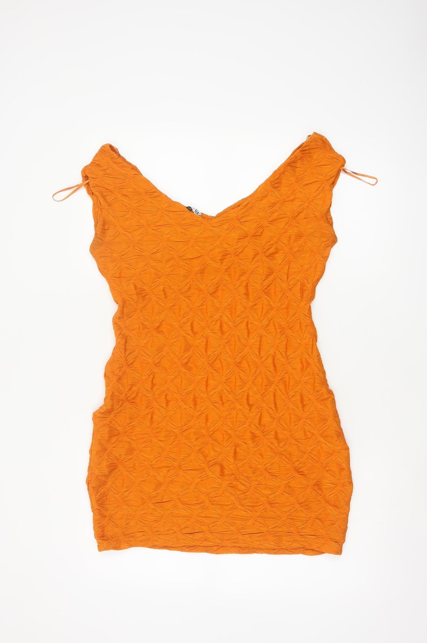 Zara Women Orange L Bodycon Mini V-Neck Textured Stretch Dress