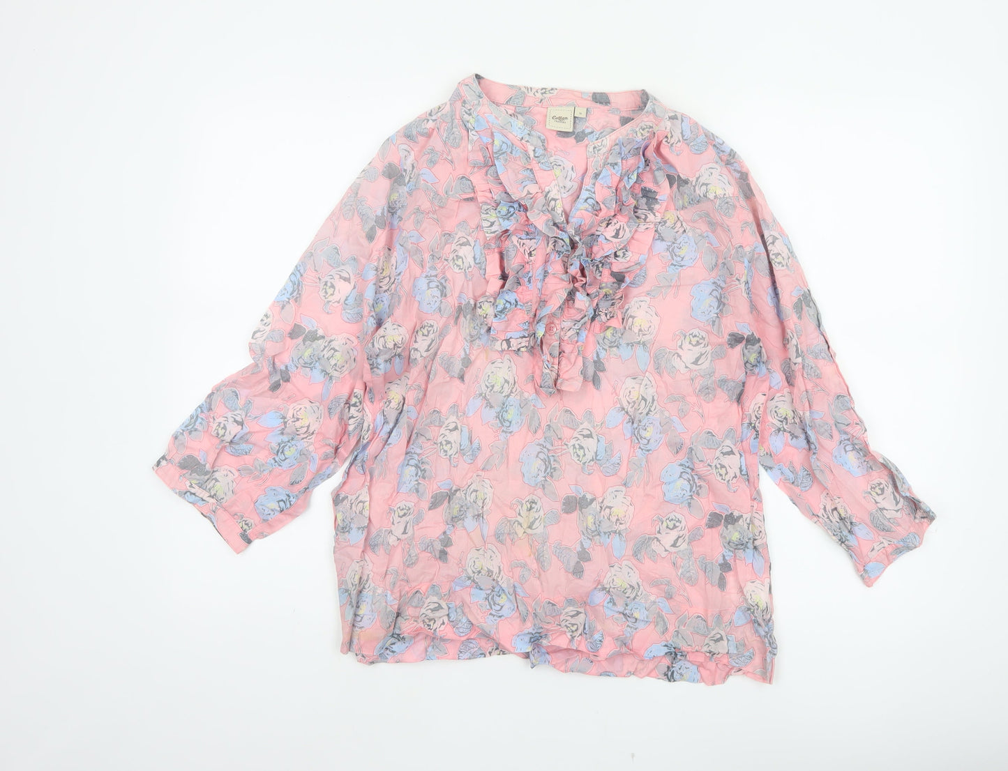 Cotton Traders Women Pink Floral Ruffle V-Neck Tunic Blouse UK 14