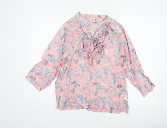 Cotton Traders Women Pink Floral Ruffle V-Neck Tunic Blouse UK 14