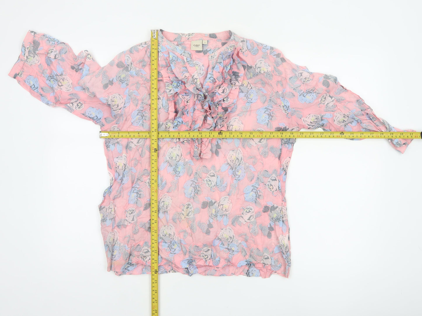 Cotton Traders Women Pink Floral Ruffle V-Neck Tunic Blouse UK 14