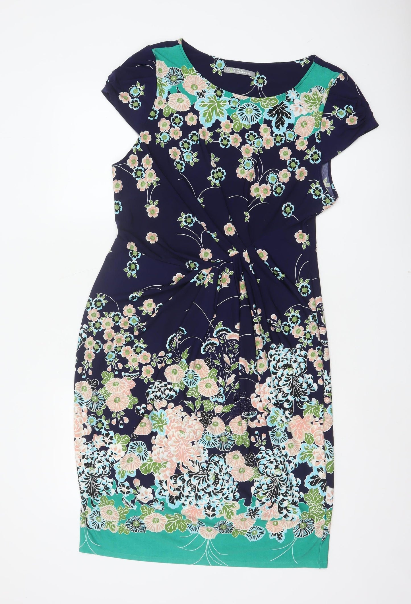 Marks and Spencer Women Multicoloured Floral Ruched Knee Dress UK 16
