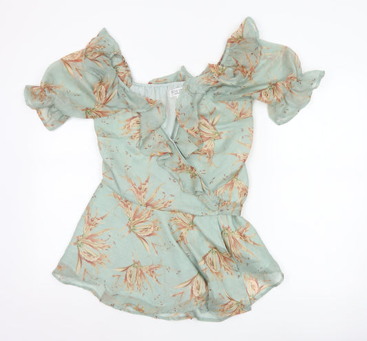 In The Style Women Green UK 10 Floral Wrap Ruffle Off Shoulder Blouse