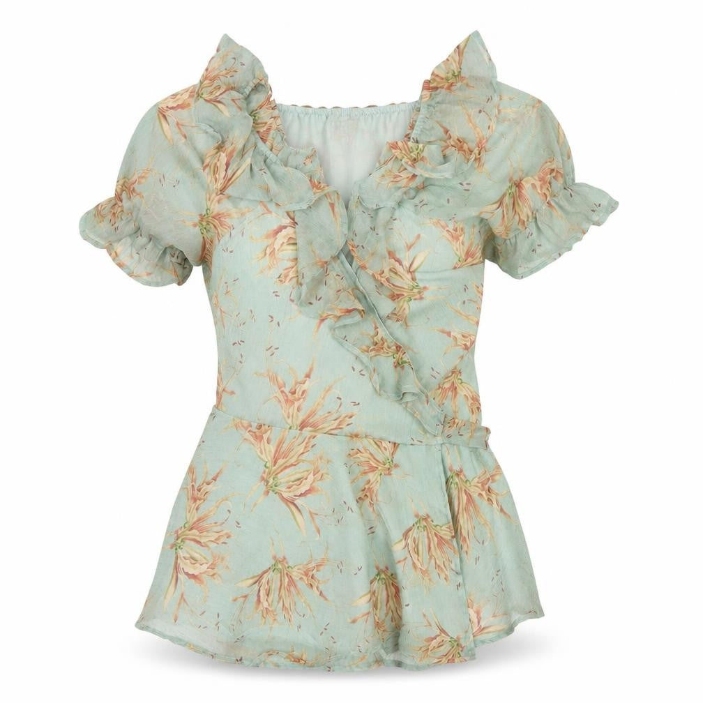Front view of In The Style Women Green UK 10 Floral Wrap Ruffle Off Shoulder Blouse