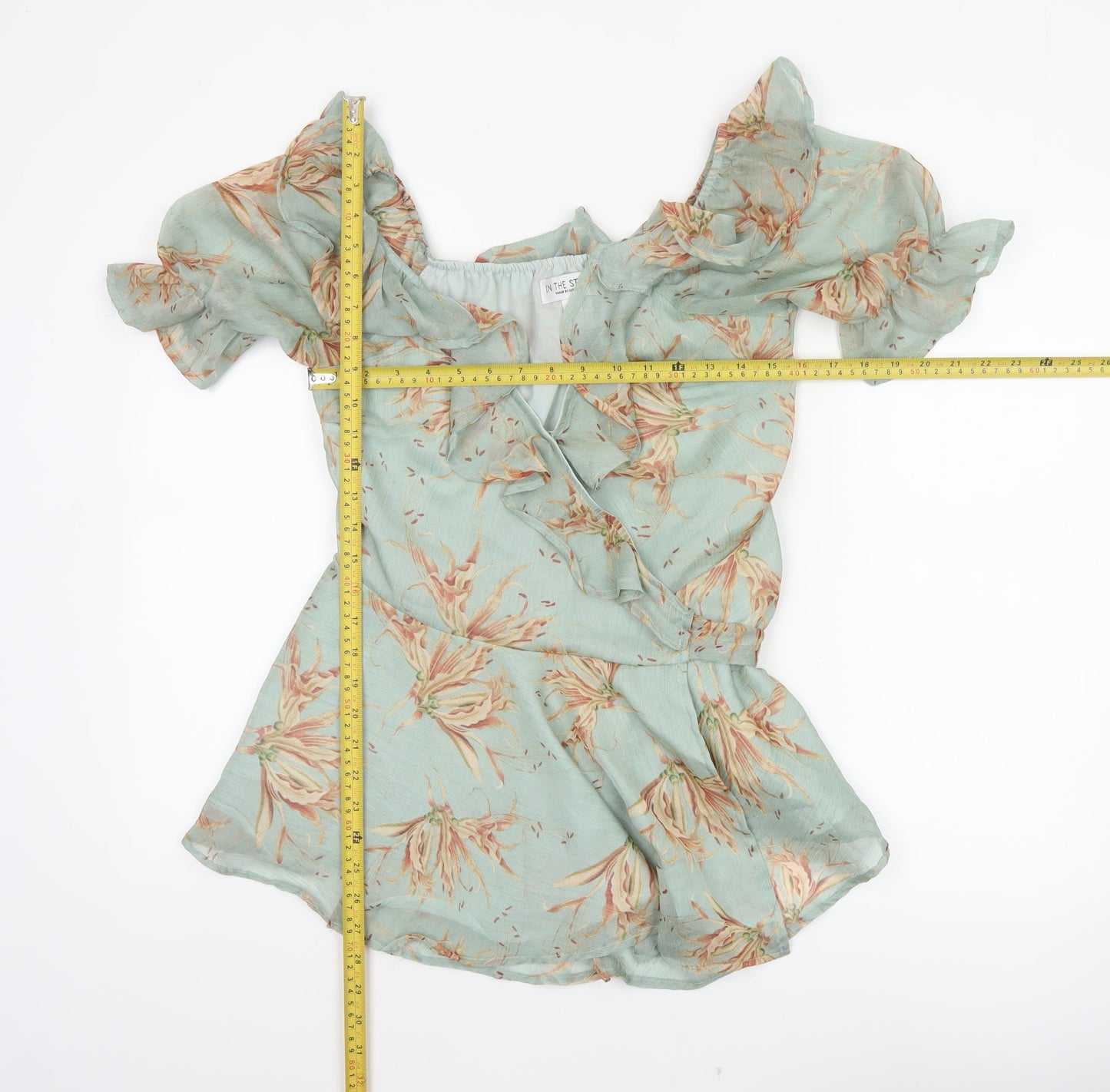 In The Style Women Green UK 10 Floral Wrap Ruffle Off Shoulder Blouse