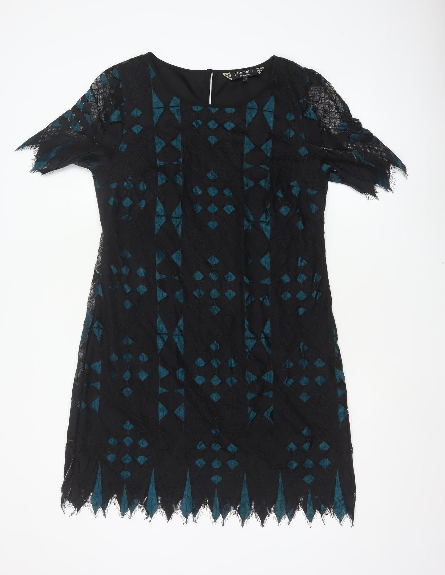 Principles Ben de Lisi Women Black Teal UK 14 Lace Shift Party Dress