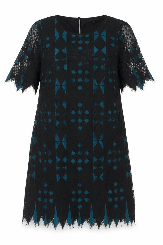 Front view of Principles Ben de Lisi Women Black Teal UK 14 Lace Shift Party Dress