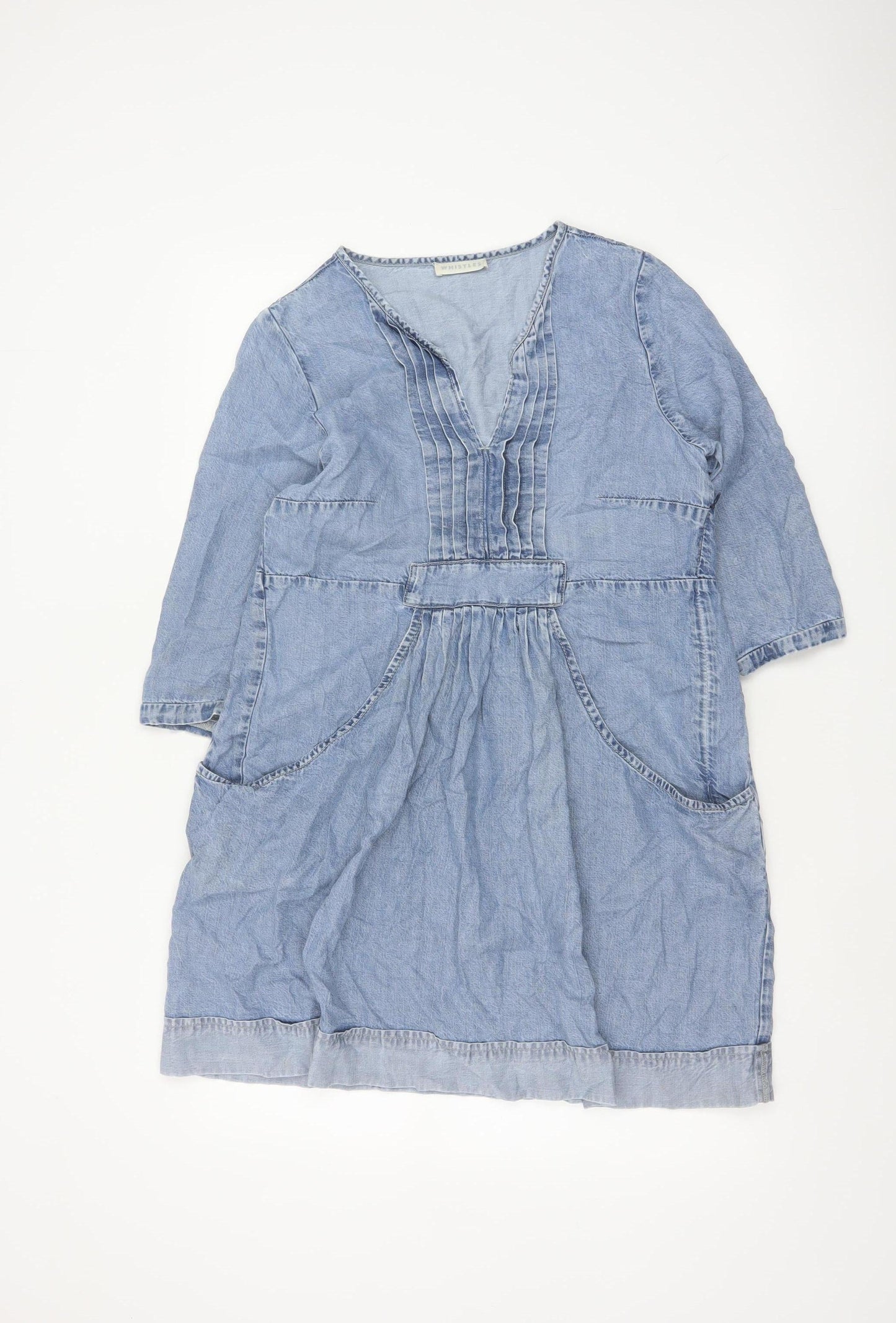Whistles Women Blue UK 12 Lyocell Denim Shift Dress V-Neck Pockets