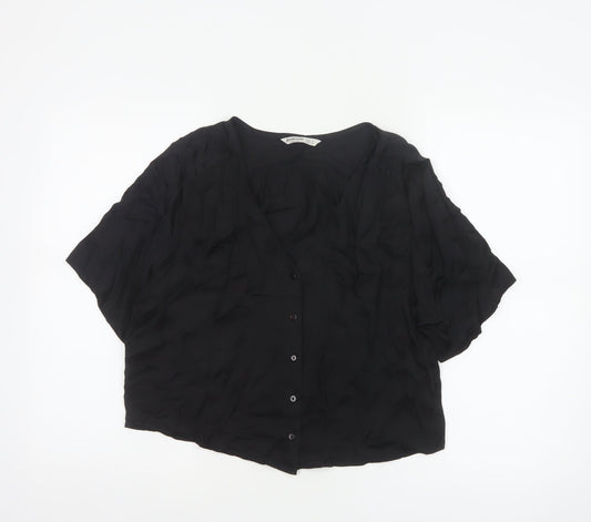 Stradivarius Women Black S V-Neck Short Sleeve Button-Up Blouse