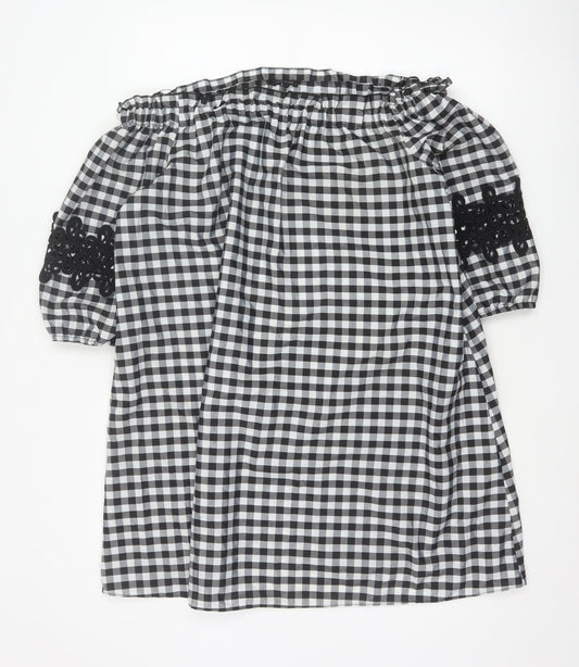 River Island Women Black White Gingham Off Shoulder Shift Dress UK 14