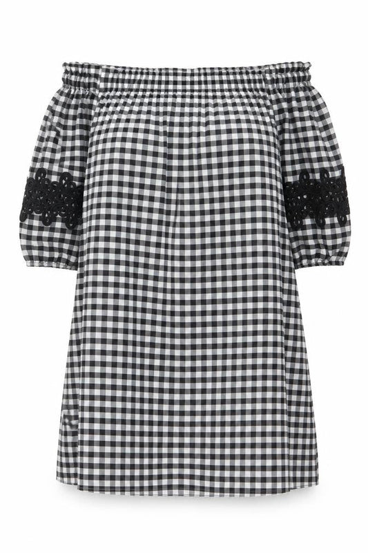 River Island Women Black White Gingham Off Shoulder Shift Dress UK 14