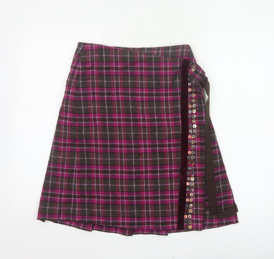 Whistles Women’s Purple Plaid Wool Wrap Knee Length Skirt UK 8