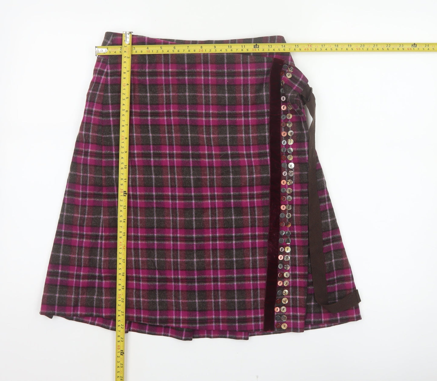 Whistles Women’s Purple Plaid Wool Wrap Knee Length Skirt UK 8